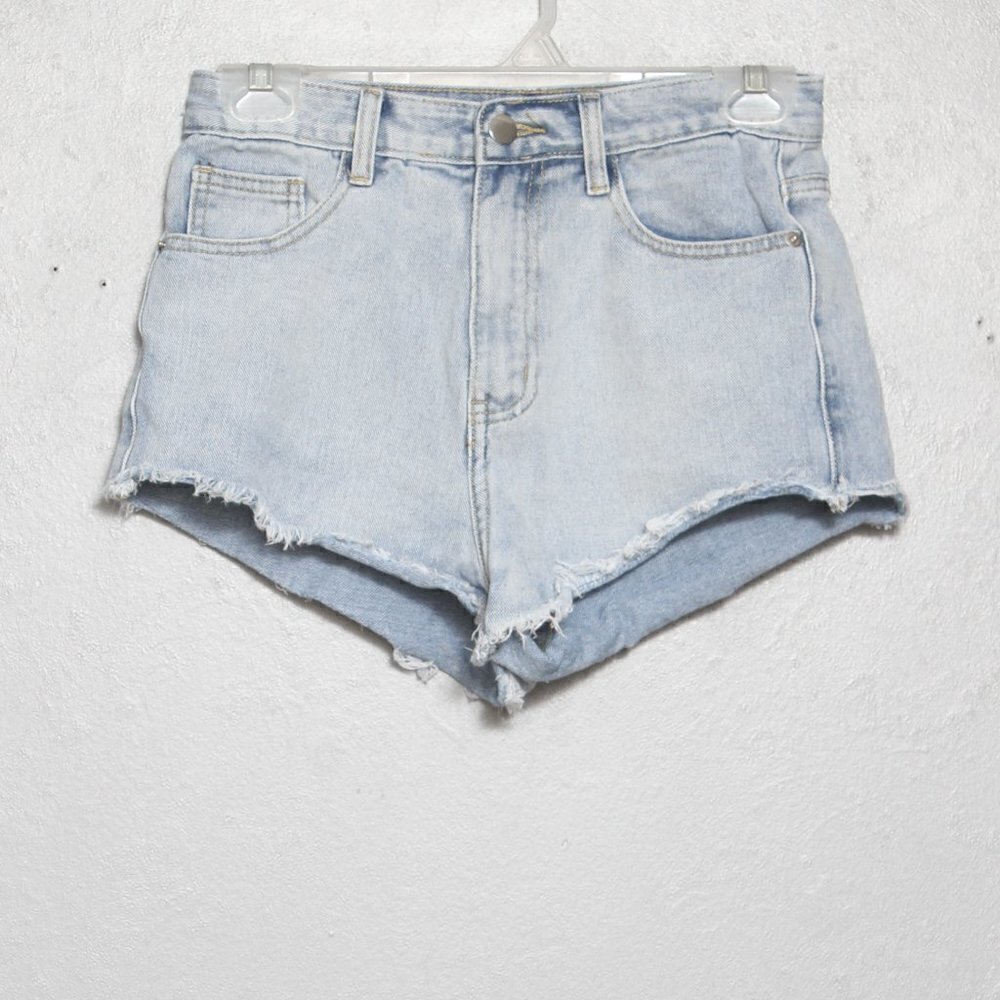 Pretty little thing light wash denim cheeky cut off shorts